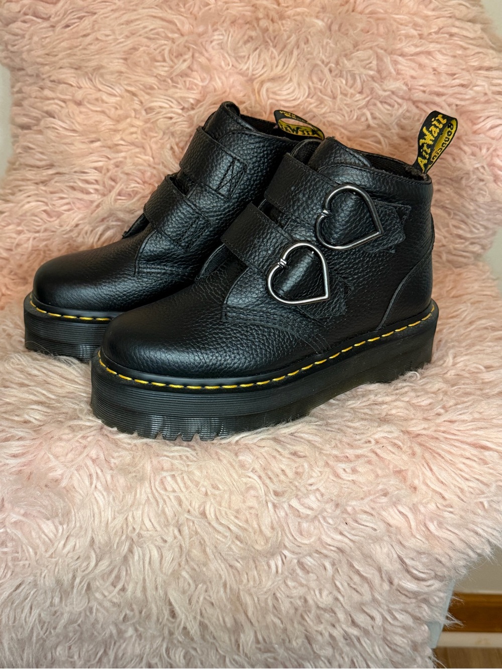 Dr. Martens Black Leather Platform Ankle Boots with Heart Buckles